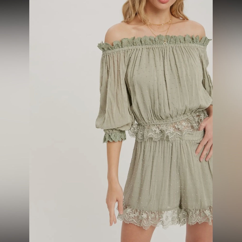 Anthropologie Sage Green Off-Shoulder Lace Romper